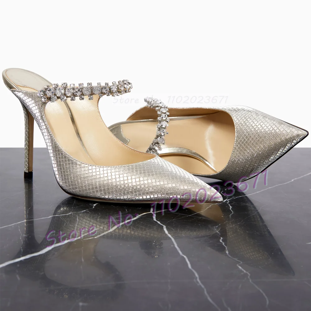 Silver Metallic Crystal Mules Woman Grid-pattern Rhinestone Arch Strap High Heels Ladies Elegant Summer Pointy Bling Slippers