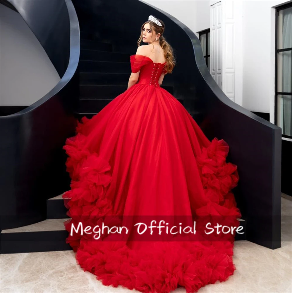 멕시코 레드 오프 숄더 성인식 원피스 구슬 아플리케, 2025 생일 럭셔리 원피스 프릴 공주 가운, 달콤한 16 맞춤형