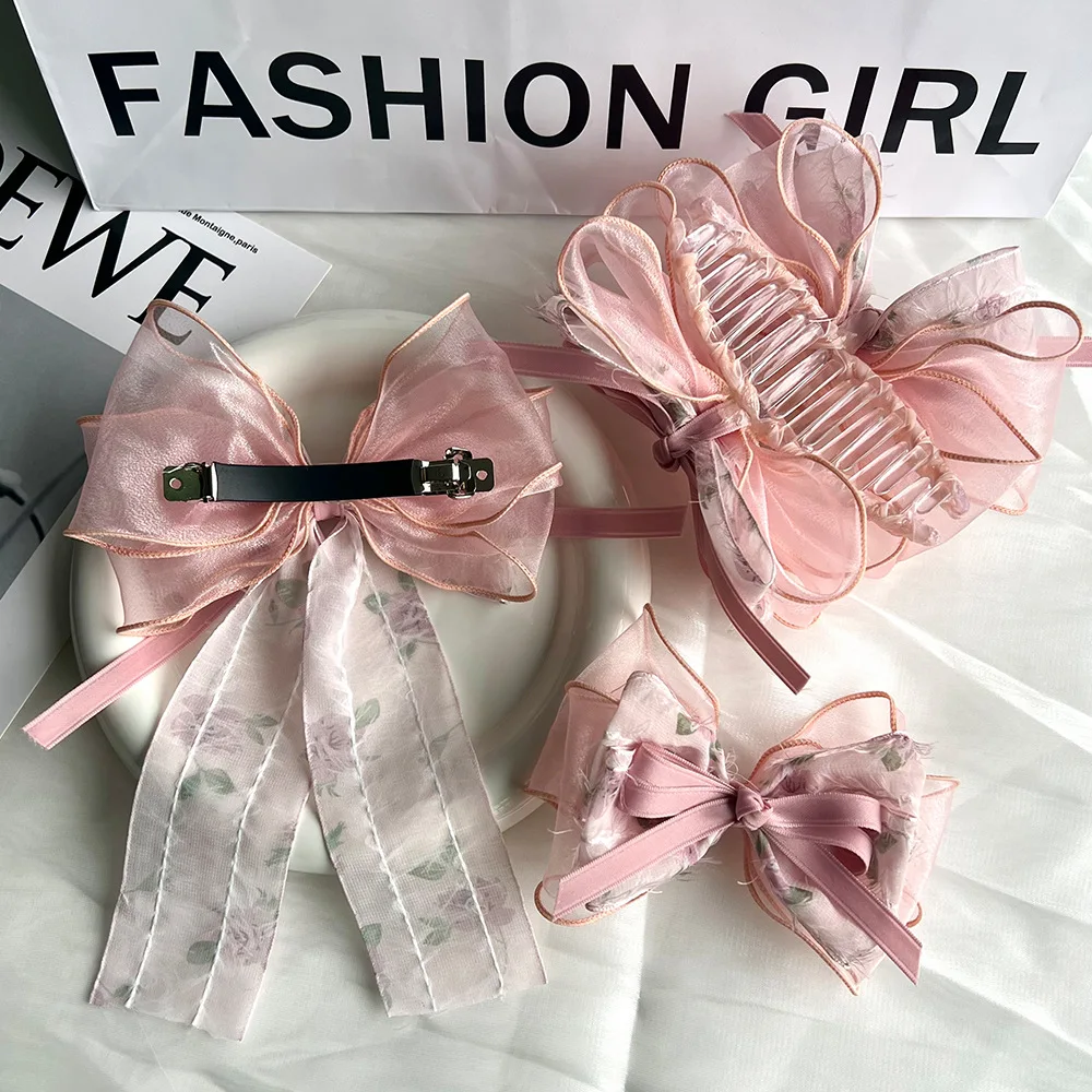 Pink Floral Headdress Large Bow Streamer Grab Clip Scrunchies Hair Bands Ponytail Holder Rubber Hairband Hair Rope Accessory