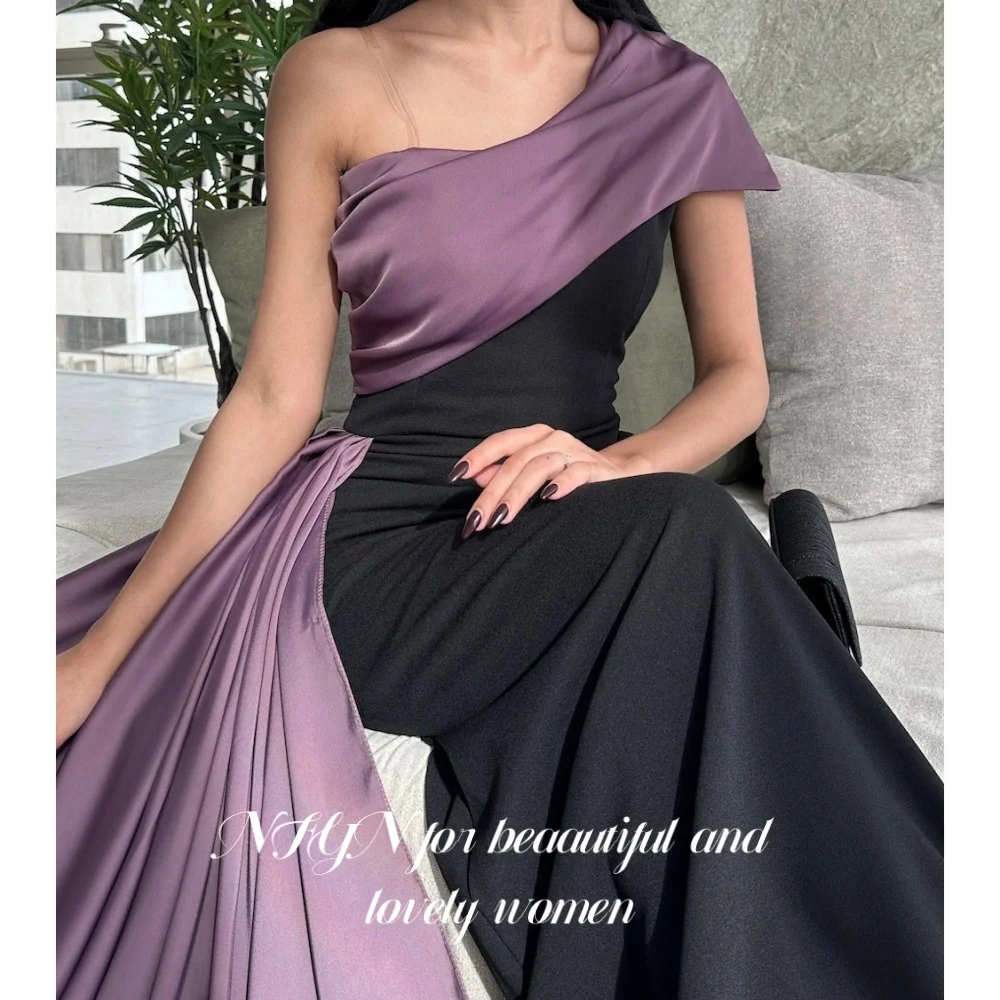 

NFYN Purple and Black Elegant Prom Gown One-Shoulder Sleeve Party Dress Satin Mermaid Evening Dresses robes de soirée Customized