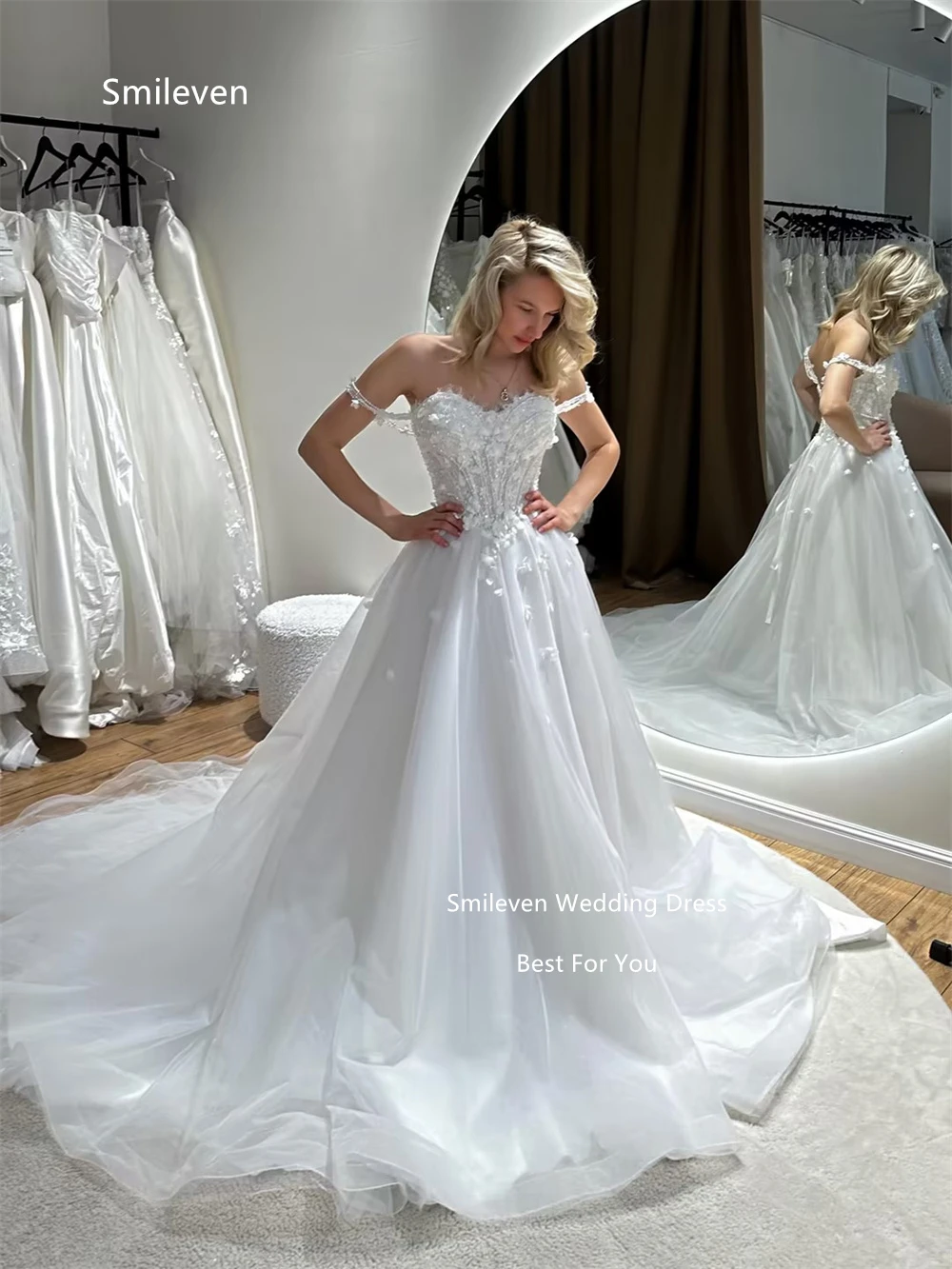 Smileven White Tulle Ball Gown Wedding Dresses Sweetheart Off Shoulder Bridal Dress 3D Flower High Slit Train Gowns Customized