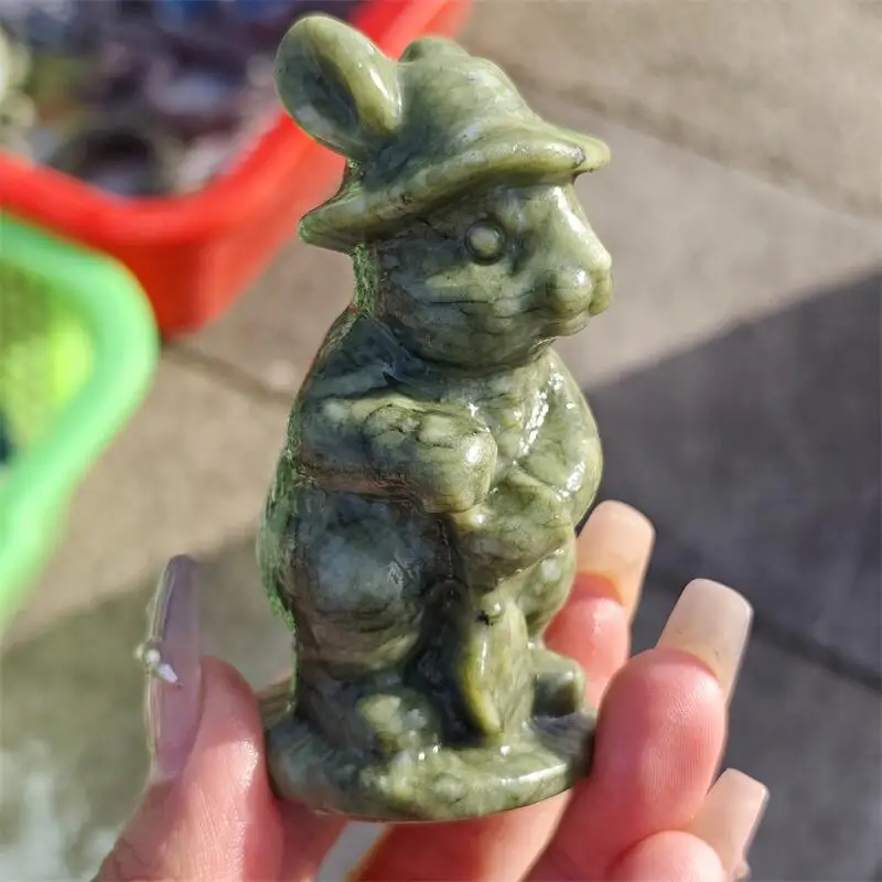 Natural Ophiolite Cartoon Rabbit Carving Animal Crafts Healing Crystal Stone Feng Shui Home Decoration Gift 1PCS