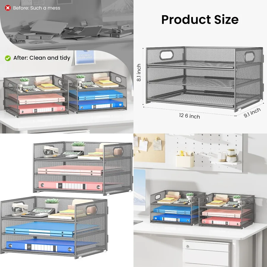 2-حزمة 3-Tier رمادي شبكة معدنية مكتب ورقة رسالة صينية ملف فارز المنظم مع مقبض + 1 صينية منزلقة لمكتب المنزل مكتب Sc #1