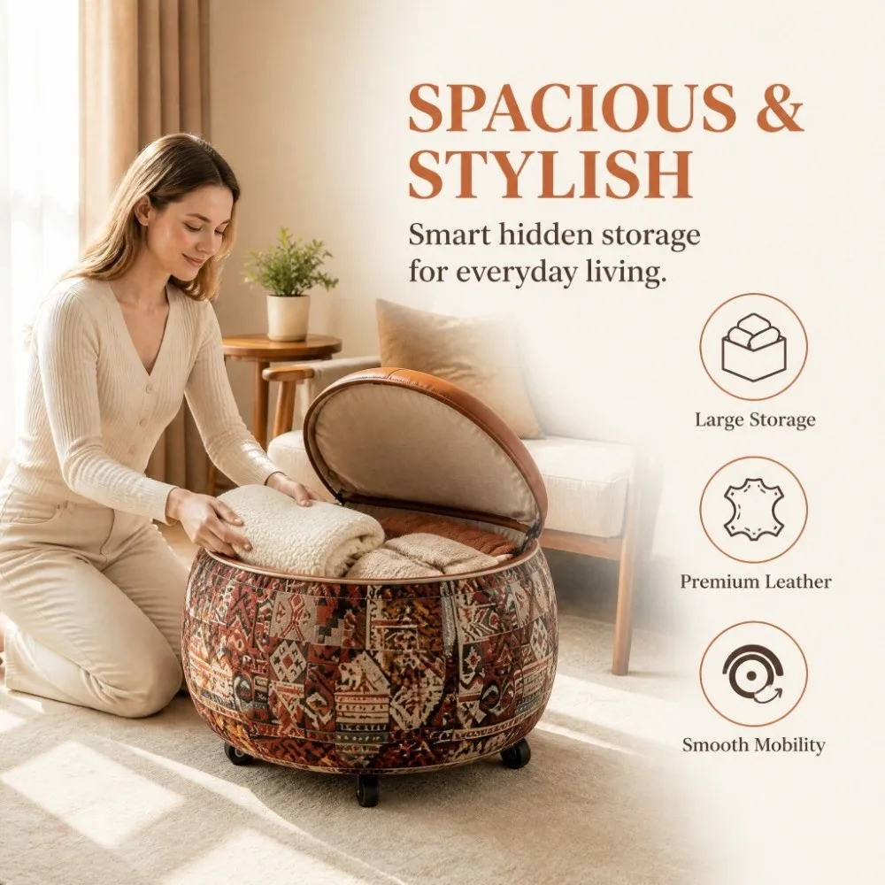 With Wheels Boho Seat Cushion Cover Leather Unstuffed Pumpkin Pouf Cover Large Capacity Embroider Craft Storage Leg Bench