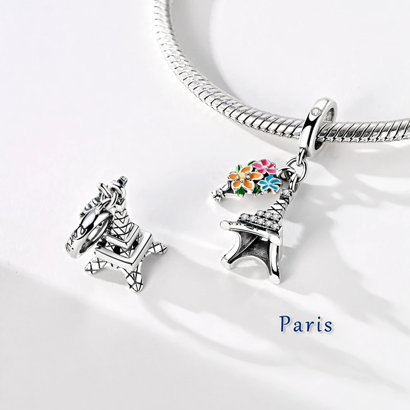 925 Sterling Silver Travel Charms Bead CZ Zircon Paris Eiffel Tower Dangle Fit Original Bracelet DIY Women Jewelry Gift