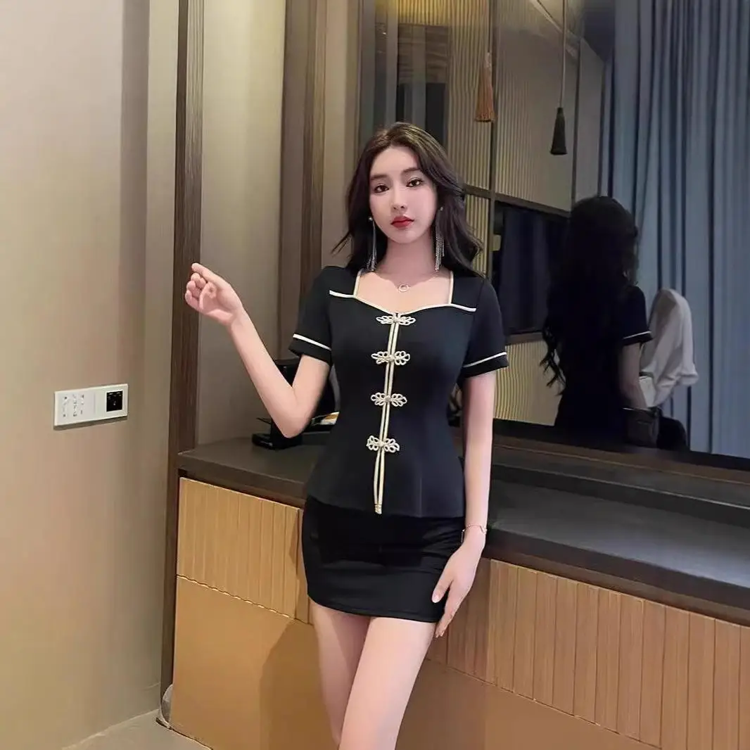 Woman Work Clothe Suit Hotel Waiter Beauty Salon Spa Massage Nail Cafe Sexy Square Neck Foot Bath Sauna Technician Bodycon Skirt
