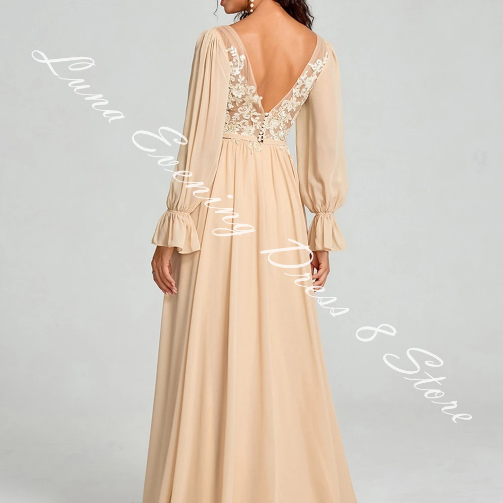 Customized Luxury Jersey A-Line Evening Dress V-Neck Floor Length Long Sleeves Photo Color Party Gowns Saudi Arabia 2024