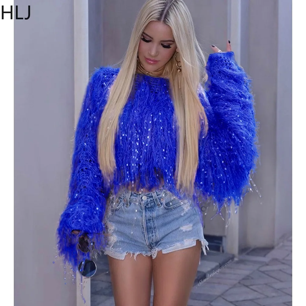HLJ Fashion Streetwear Women Tassel Knitting Round Neck Long Sleeve Sweater Autumn Casual Solid Color Matching Pullover Top 2023