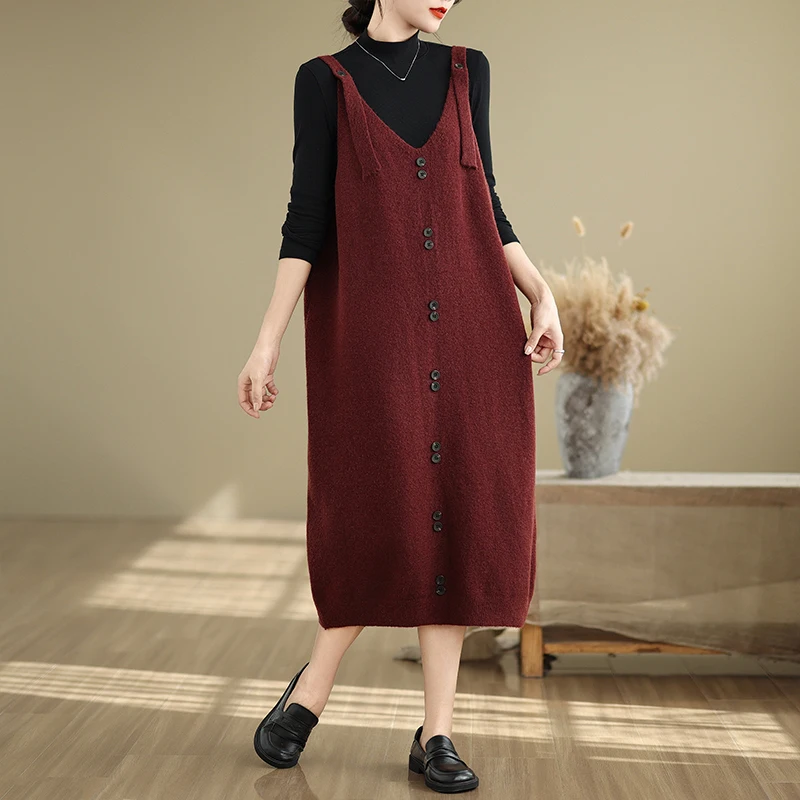 

Large Size Women's Autumn Winter Knitted Dr Long Over-Knee Strap Sweater Dr Mid-Length Commute Sle Thi Cotton Polye...