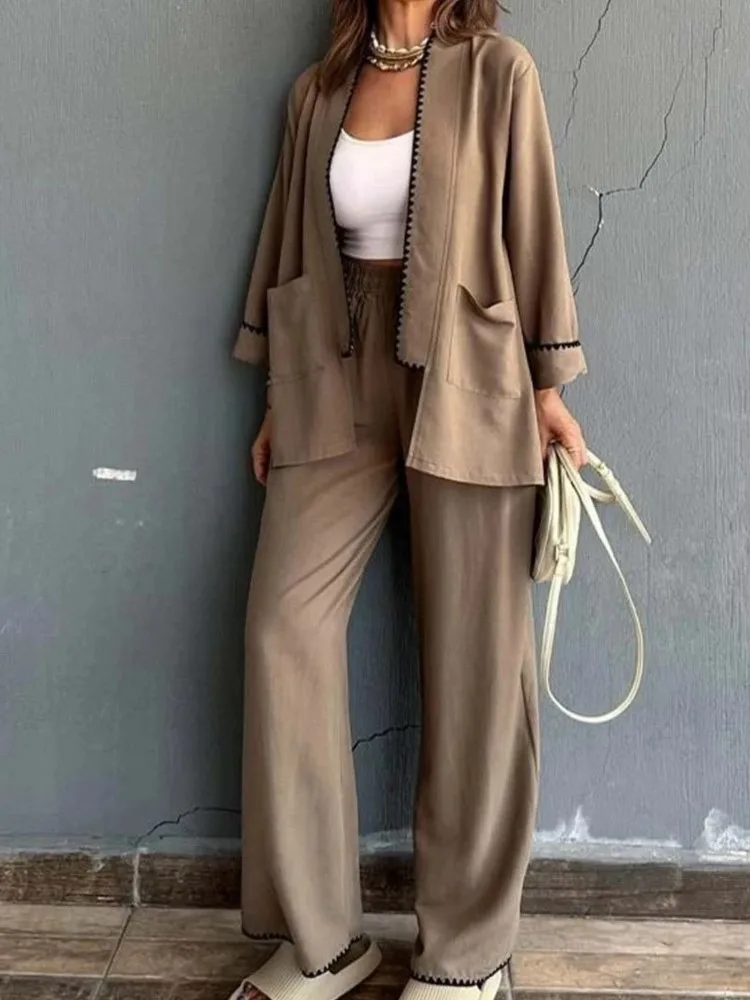 

Spring Autumn Elegant Long-sleeved Cardigan Top Wide-leg Pants Piece Set For Women New Fashionable Solid Pocket Loose New Suit