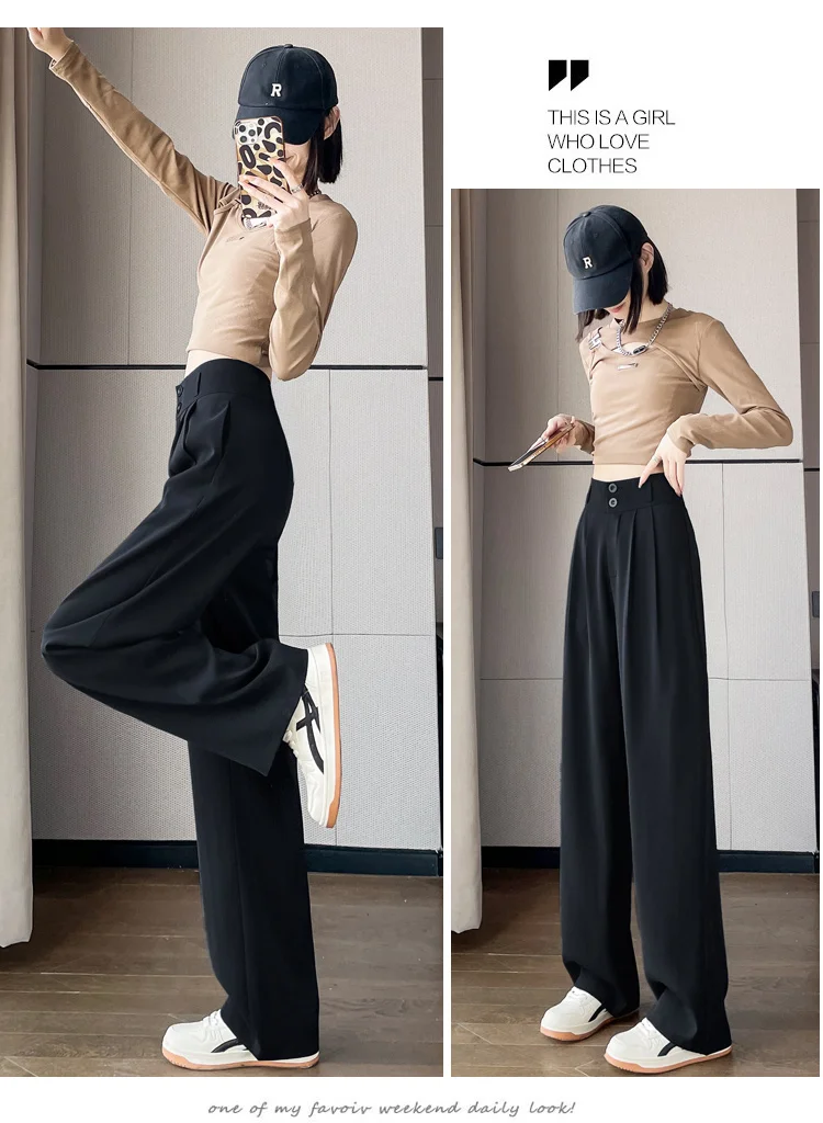 Frauen Lose Frühling Sommer 2024, Neue Hohe Taille Breite Beine Dünne Beiläufige Hosen Koreanische Mode-Trend Weiblichen Anzug Gerade Hosen – Detail 8