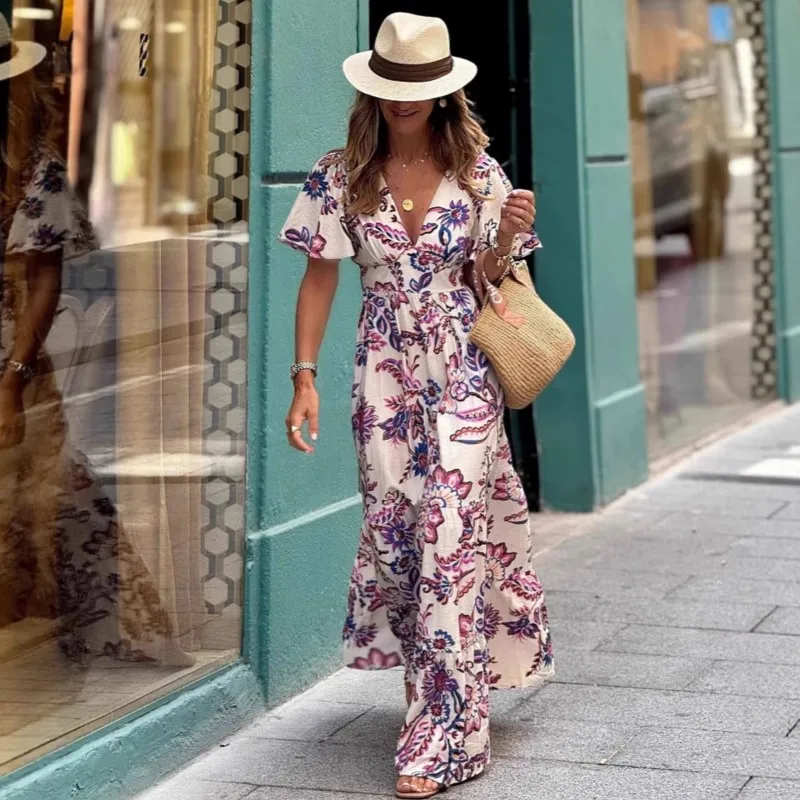 Sukienka plisowana na imprezę w stylu boho na rok 2025, elegancka sukienka z dekoltem w serek, podkreślająca talię, długa sukienka wakacyjna damska, codzienna sukienka plażowa z krótkim rękawem i falbanami.