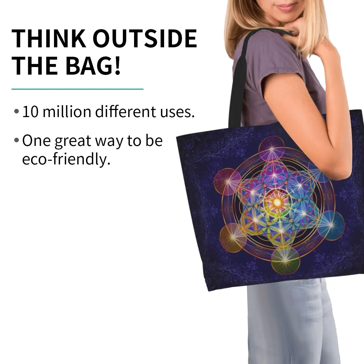 Custom Metatron Cube Merkabah Shopping Canvas Bags donna durevole grande capacità Grocery Flower of Life Tote Shopper Bags