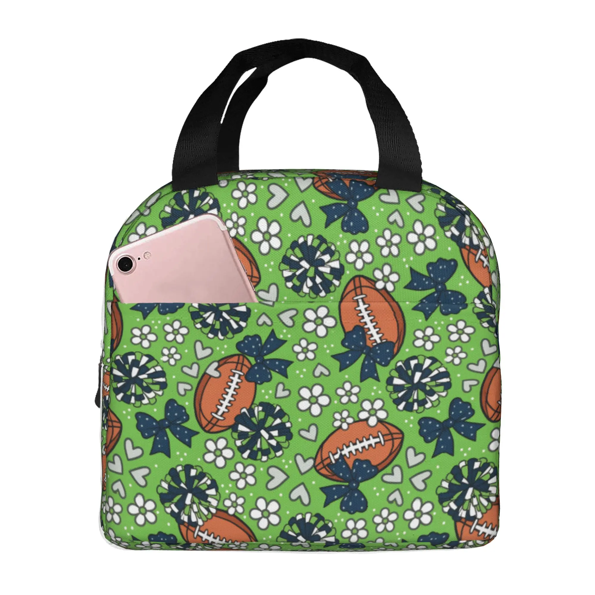 Football Cheer Bows Rugby Union  Lunch Bag Women Lime Green Blue Cooler Thermal Insulated Lunch Box for School