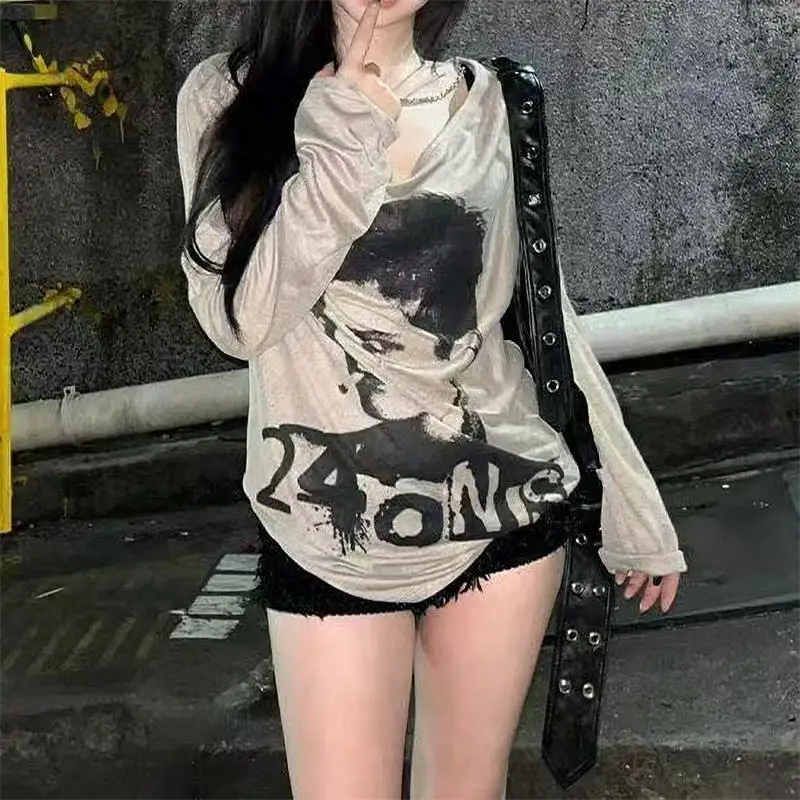 Sommer Streetwear Oansatz 90s Druck Tops Frauen Harajuku Y2k Kleidung Vintage T-shirt Ästhetischen Dünne T-shirt Durchsichtig