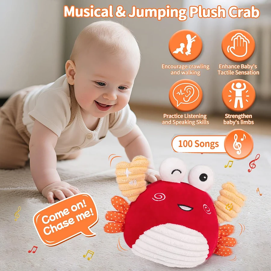 Baby Toys 0-6 Months – Crawling Dancing Bouncing Musical Learning Plush Crab Baby Crawling Musical Interactive Toys for Baby