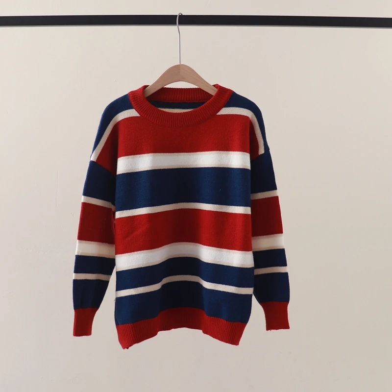 

Striped sweater for autumn and winter oversize dressing, chic Korean lazy style, paired with Japanese red top