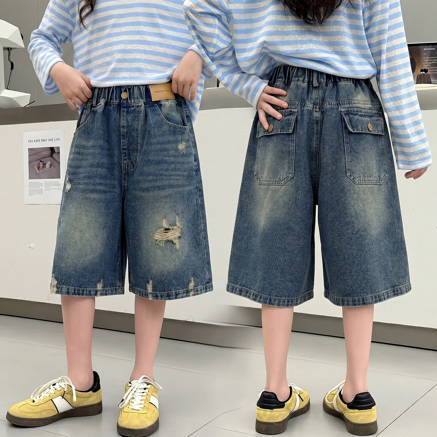 2026 New Summer Children Short Jeans Teen Girls Fashion Ripped Hole Wide Leg Denim Shorts Kid Casual Loose Knee Length Pants