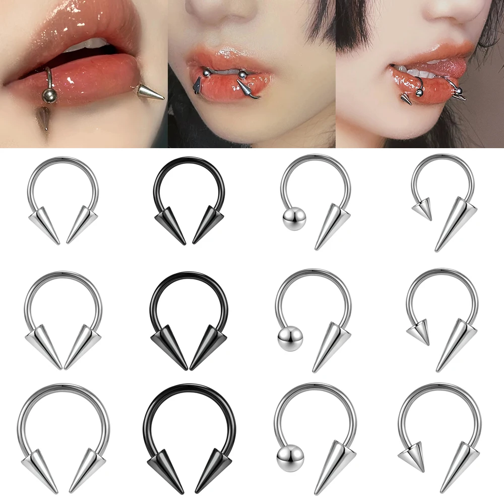 AOEDEJ 3-4PCS Stainless Steel Spike Septum Ring Punk Spiked Circular Barbell Lip Piercings Horseshoe Cone Labret Helix Jewelry