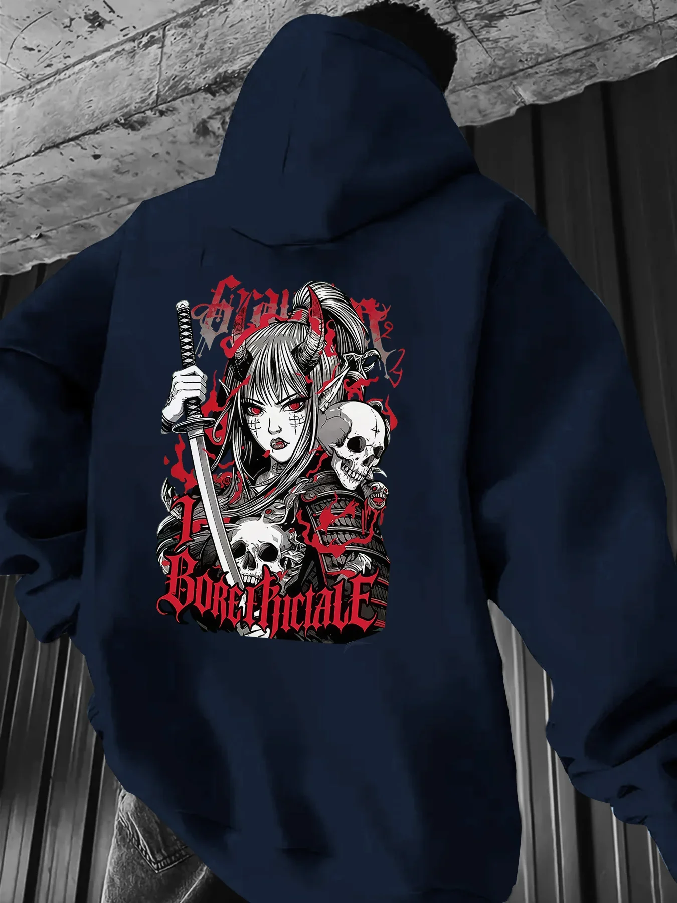 Y2K Street Hoodie Unisex Oriental Oni Warrior Girl Sword Skull Gothic Text Chest Back Graphic Print Loose Fleece Pullover