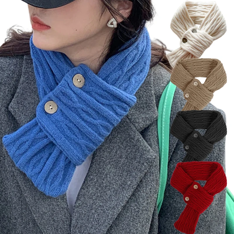 Winter Knitted Scarf Button Fashion Solid Color Muffler Fashion Girl Lady Outdoor Windproof Cold-proof Neck Neckerchief Bandelet