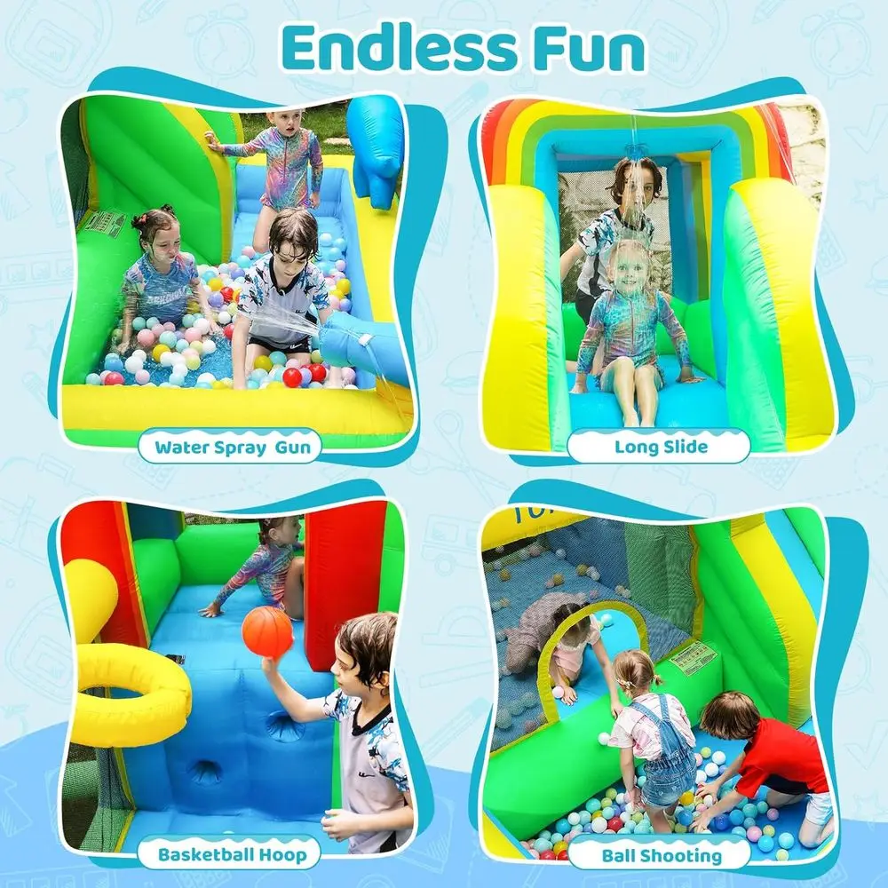 Scivolo d'acqua Iatable Bounce House per cortile esterno interno, castello gonfiabile regalo per feste per bambini 3-10 con piscina antispruzzo, arrampicata W