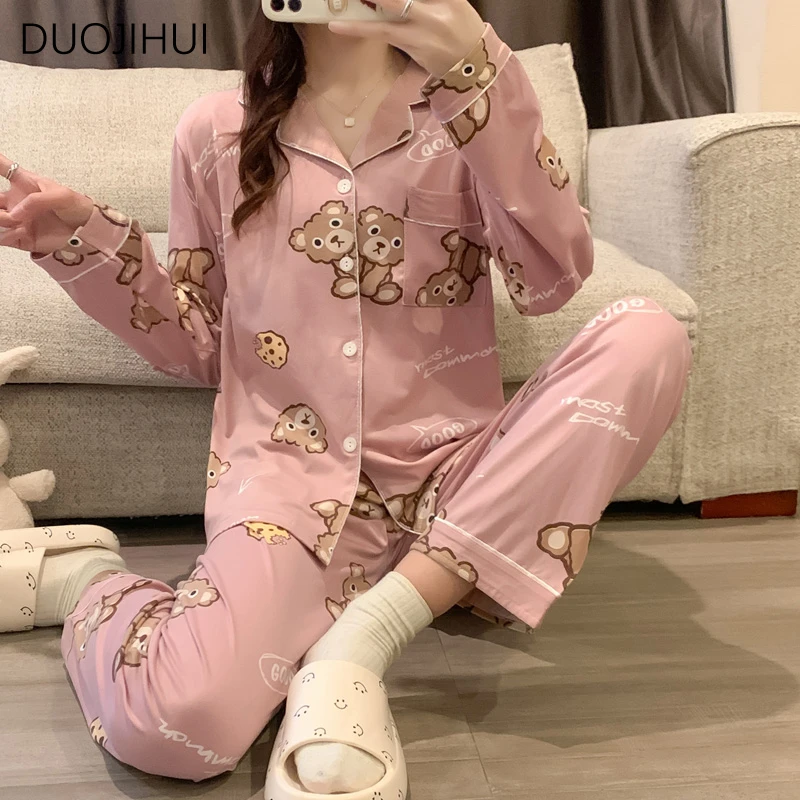 DUOJIHUI Sweet Two Piece Simple Printing Female Sleepwear Autumn New Loose Fashion Contrast Color Casual Home Pajamas for Women