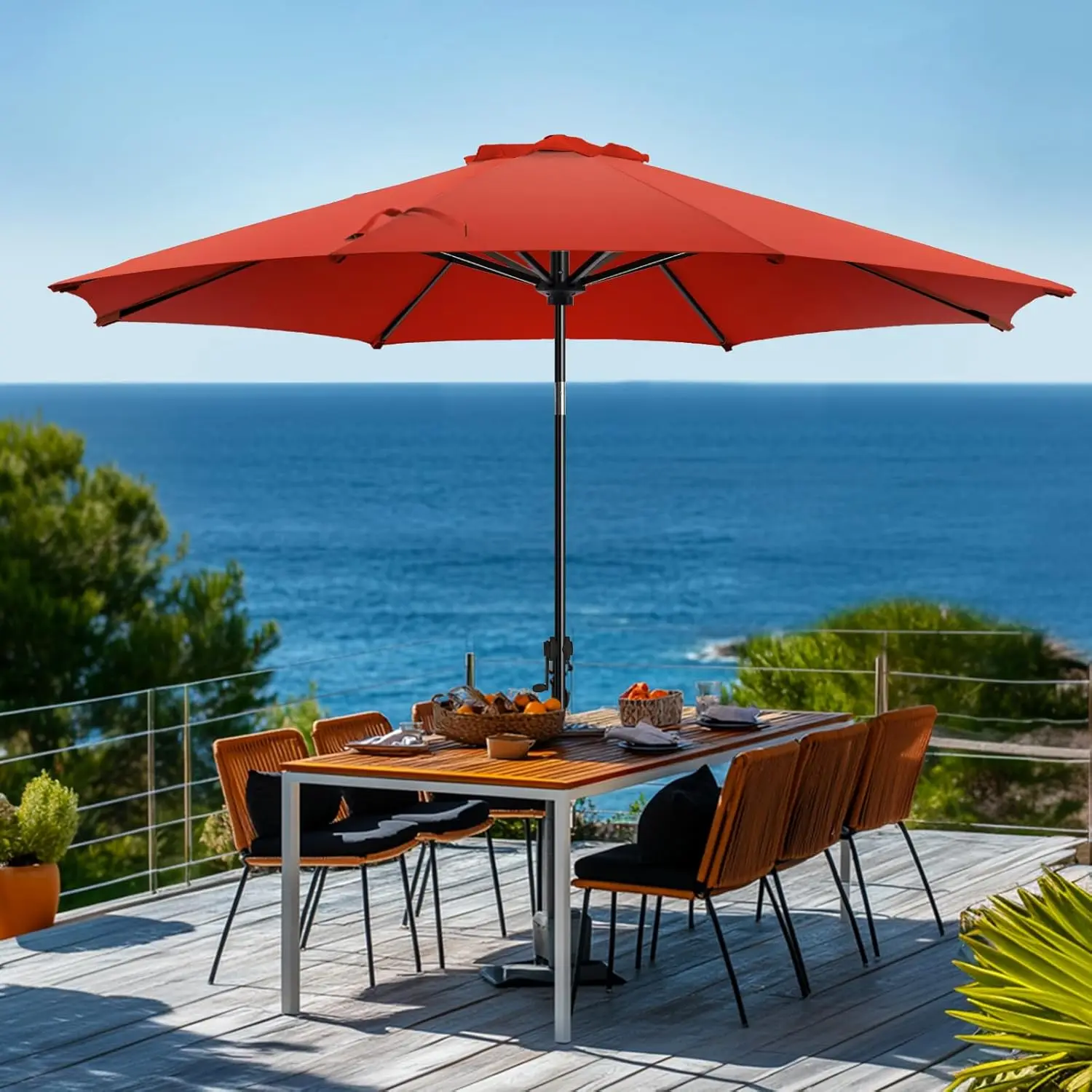 

Зонт для патио 9 футов с кнопочным механизмом наклона и ручкой, устойчивый к выцветанию, водонепроницаемый, для сада, газона, террасы и бассейна