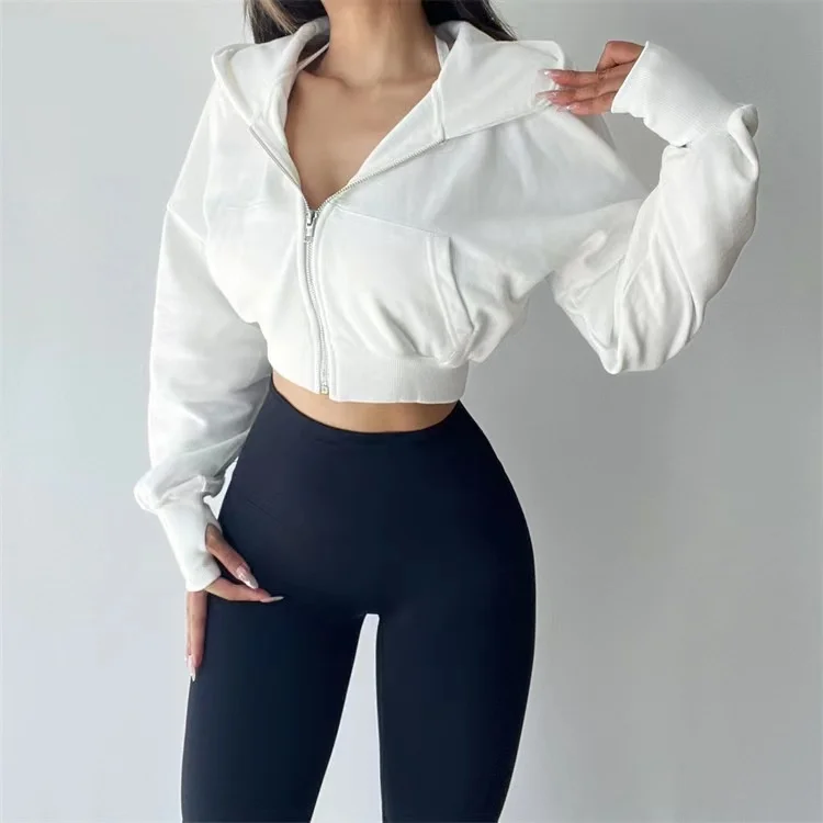 TVVOVVIN American Style Sports Grey Hooded Sweatshirt Women Zipper High Waist Short Long-sleeved Tops Short Hoodie 027D