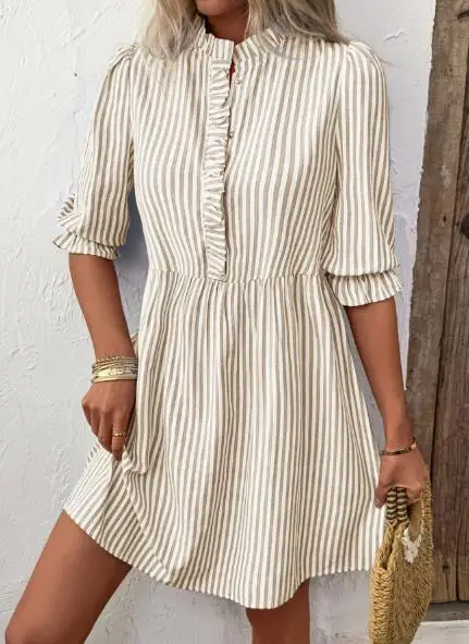 

Women's fashionable retro sweet style bubble sleeve stand up collar striped dress, 2026 summer new women's clothing
