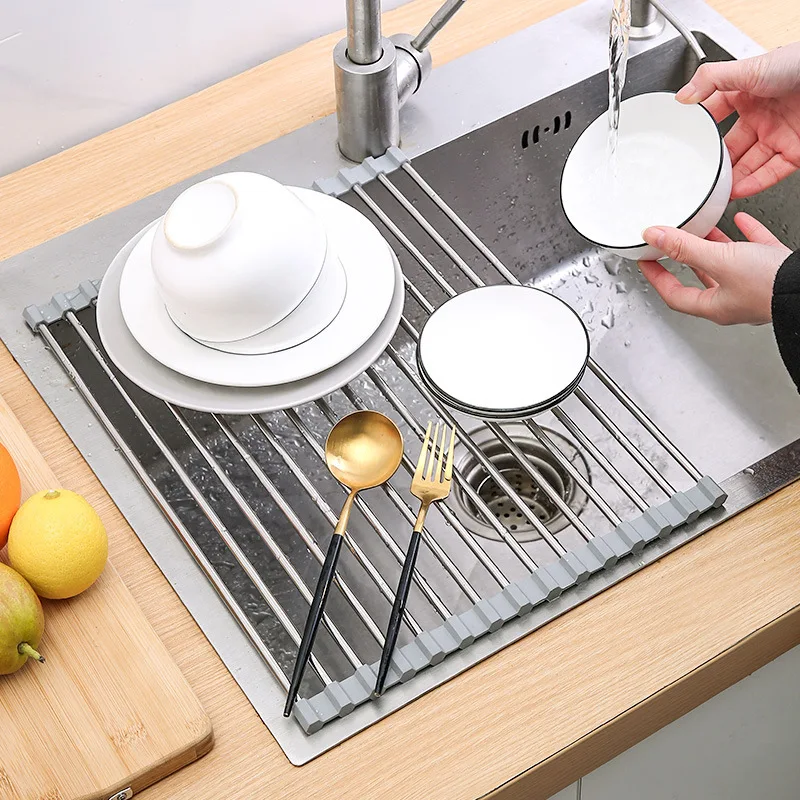 

Stainless Steel Roll-Up Dish Drying Rack, Over Sink Foldable Collapsible Drainer Basket & Vegetable Colander Organizer