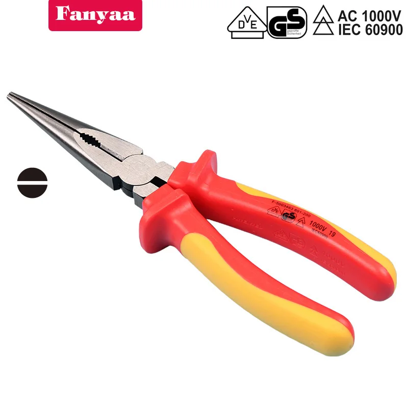 

Insulated Long Nose Pliers 8 inch Electrian Wire Clipper Hand Tool 200mm VDE & GS IEC60900 1000V AC Crv Body, Non-Slip Handle