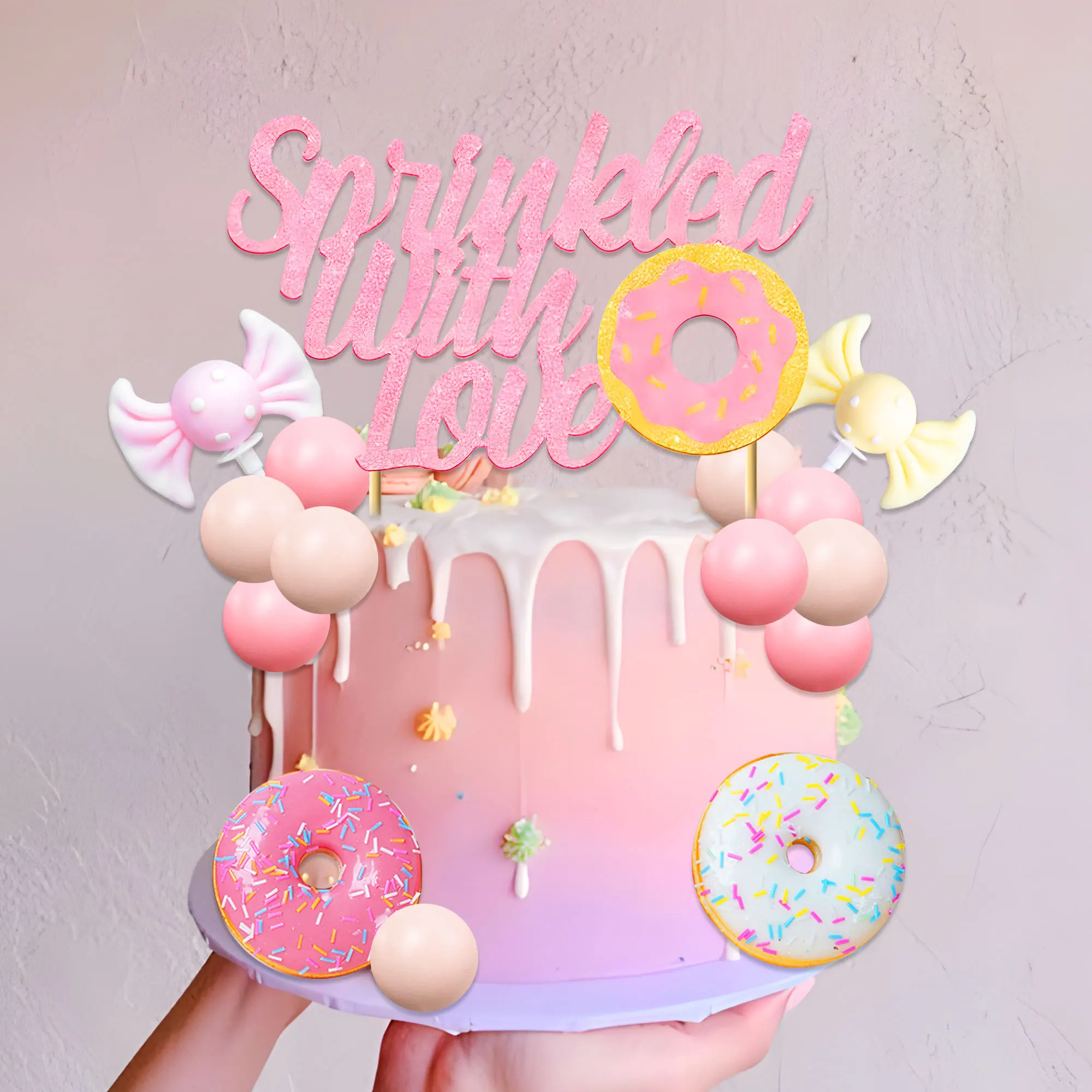 LaVenty Bestreut mit Liebe Kuchen Topper Willkommen Baby Kuchen Dekor Donuts Süßigkeiten für Donuts Baby Dusche Geschlecht offenbaren Party