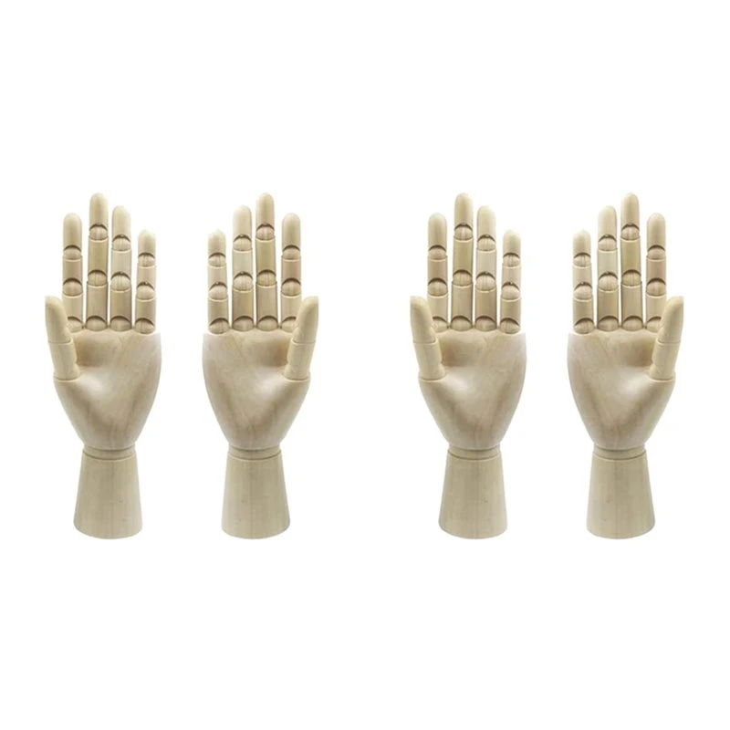 Wood Artist Drawing Manikin Articulated Mannequin With Wooden Flexible Fingers 4 Pcs(10 Inches-Left Hand Right Hand)