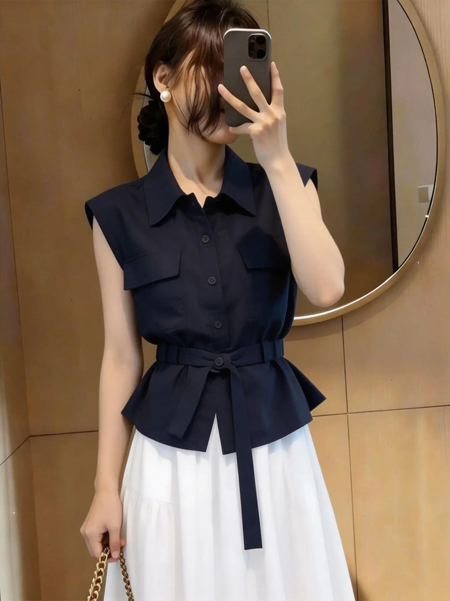 

Elegant Slimming Blue Shirt Women's Belted Waist Design Sleeveless Commute Style Fashionable Top High Quality Large Size