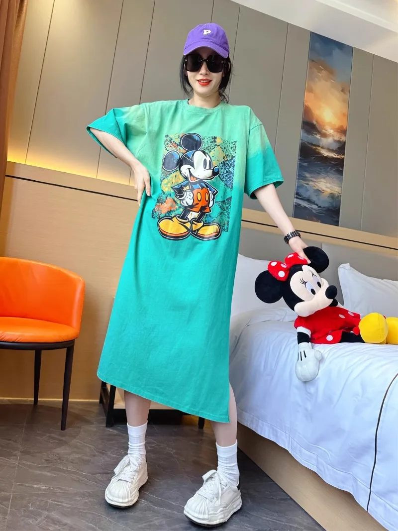 Summer Loose Slimming All-Matching Half Sleeves Top Women's Cartoon Printed Short-Sleeved And Long Pattern Straight Tshirt Dress