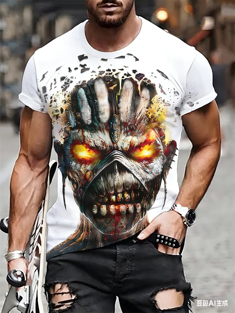 3D Skull Printed Men's T-shirt Casual Oversized Crew Neck Short-Sleeved Streetwear Tops Dazzling Cool Daily Breathable Pullovers