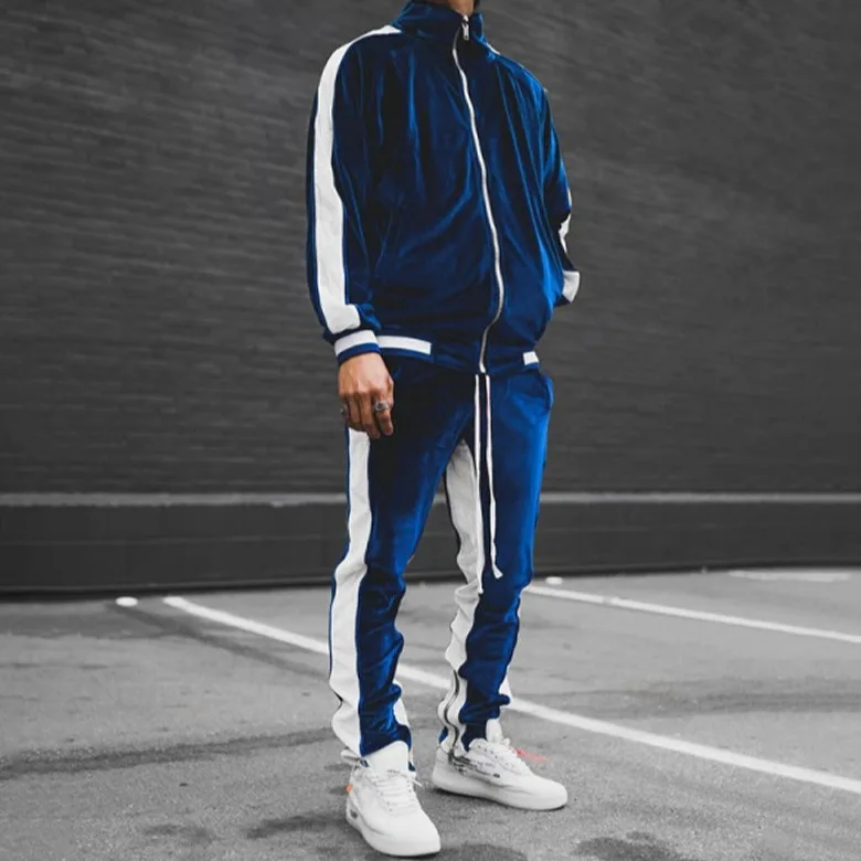 2025 Cross Border Mens Velvet Tracksuit   Solid Color  Contrast Trim  Retro Casual Jacket   Set