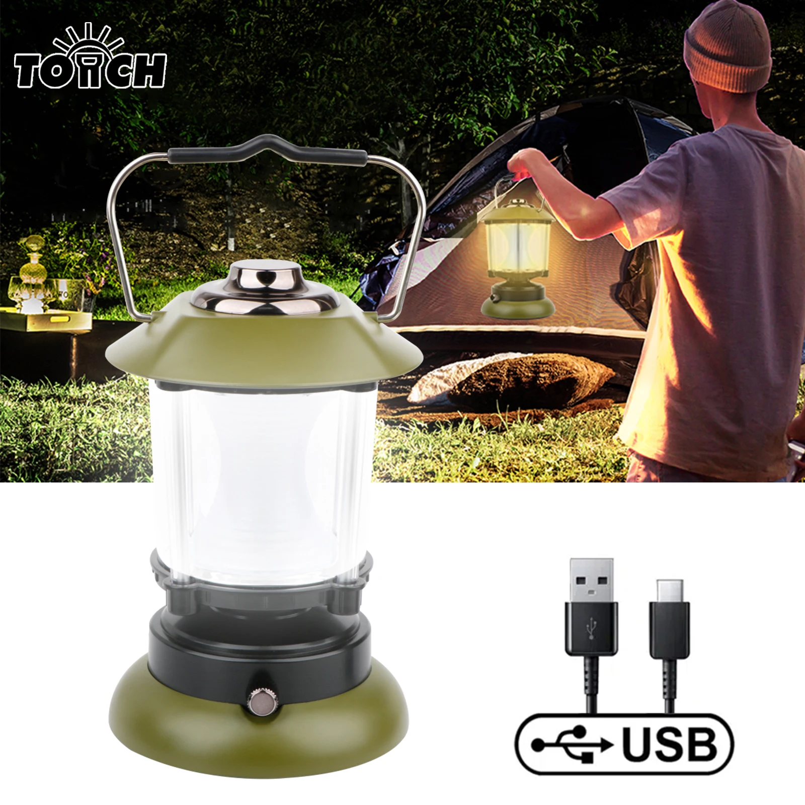 USB Rechargeable LED Camping Lantern Retro Camping Lights Hanging Green Candle Lamp Portable Outdoor Tent Bulb Emergency