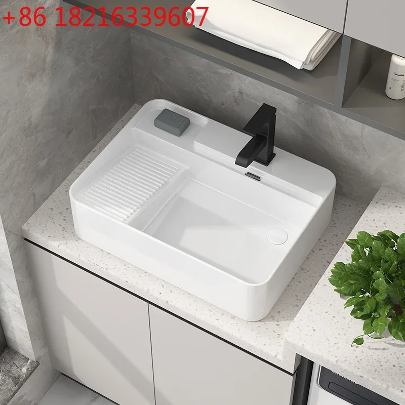 Balcony, washing machine, basin on the table, side of the launching port, ceramic face wash basin with washboard