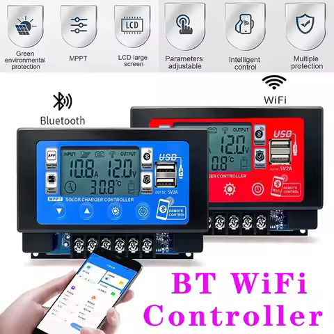 MPPT Solar Panel Controller 30A/60A Bluetooth Wifi 2pc USB Embedded Snap-on Energy Storage Battery Regulator 12V 60V LCD Display