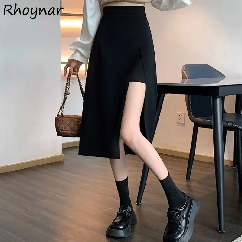 

Skirts Women Korean Clothing High Waist A-line Side-slit Fashion Slim Solid Simple Daily Streetwear Cool Students Summer Cozy