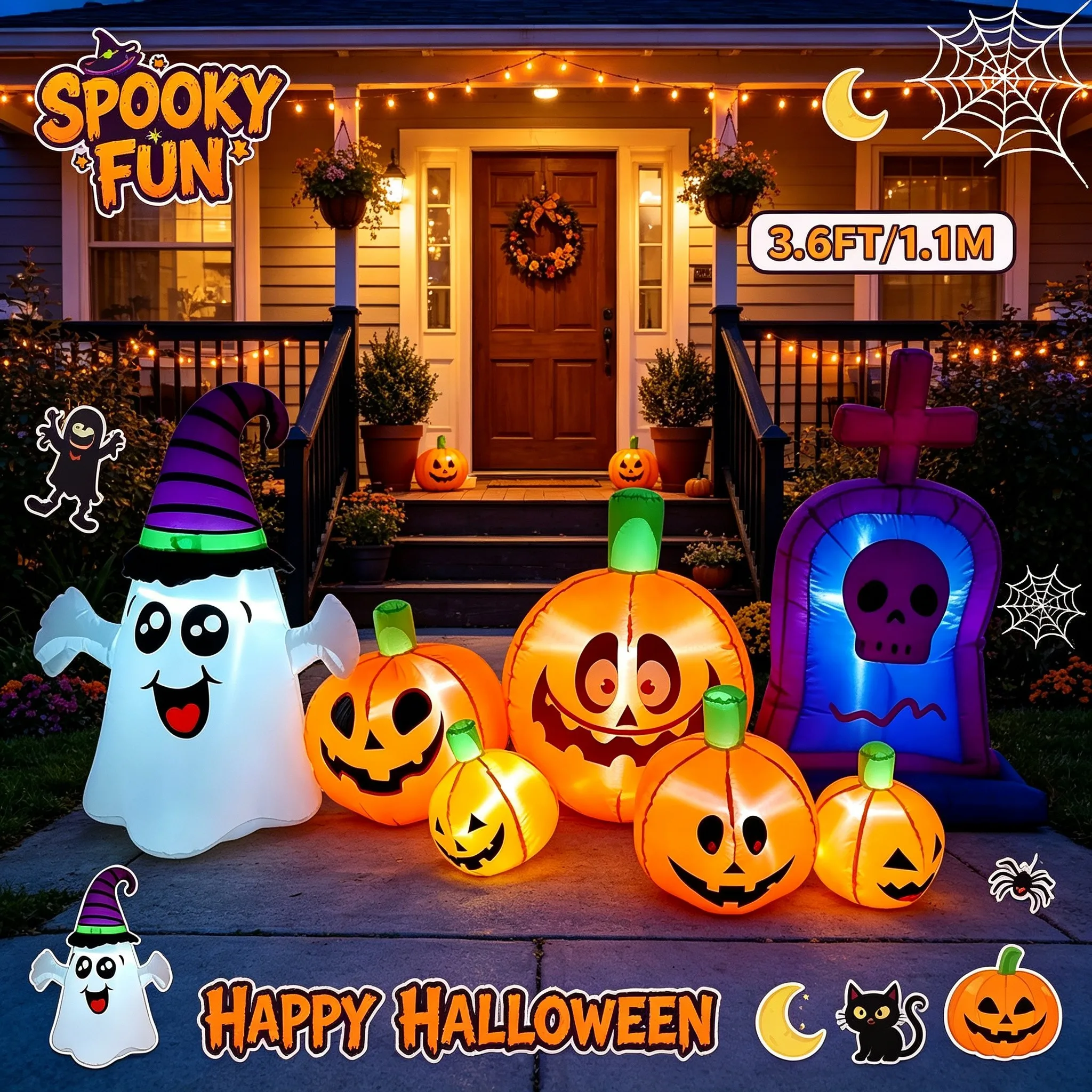 Halloween Ghost Pumpkin Tombstone Party & Holiday DIY Decorations LED Inflatable Set For Yard Lawn Halloween Display