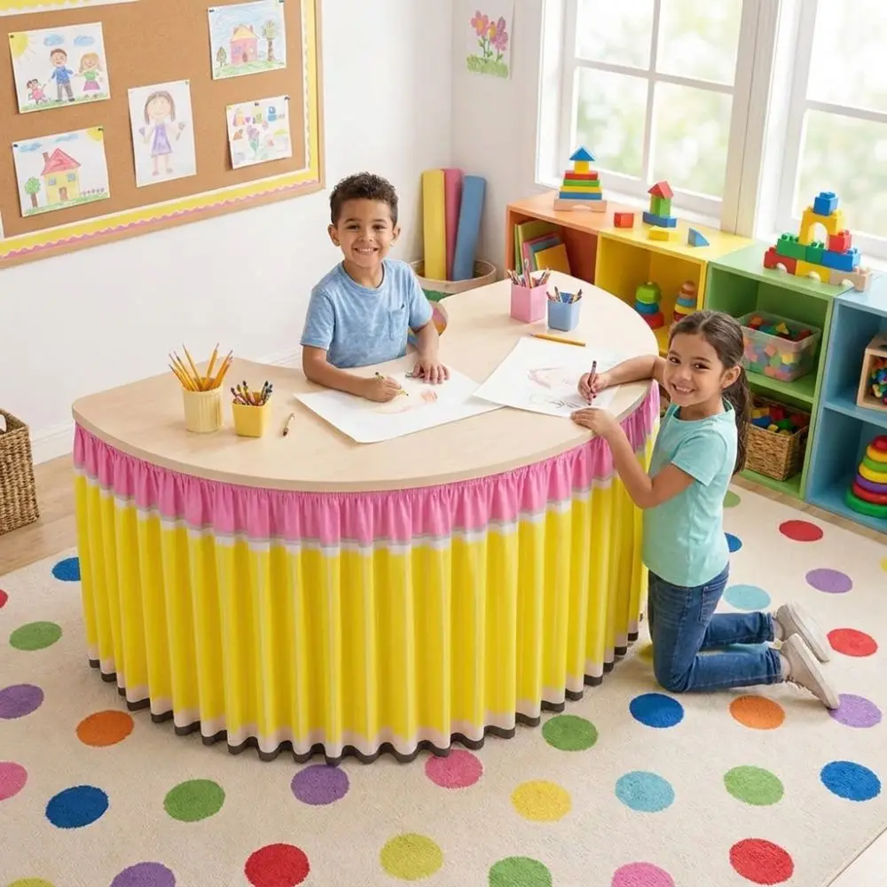 Cartoon Pencil Ruffled Table Skirt School Stationery Theme Wrinkle Resistant Classroom Skirt Cover Polyester Elastic Edge