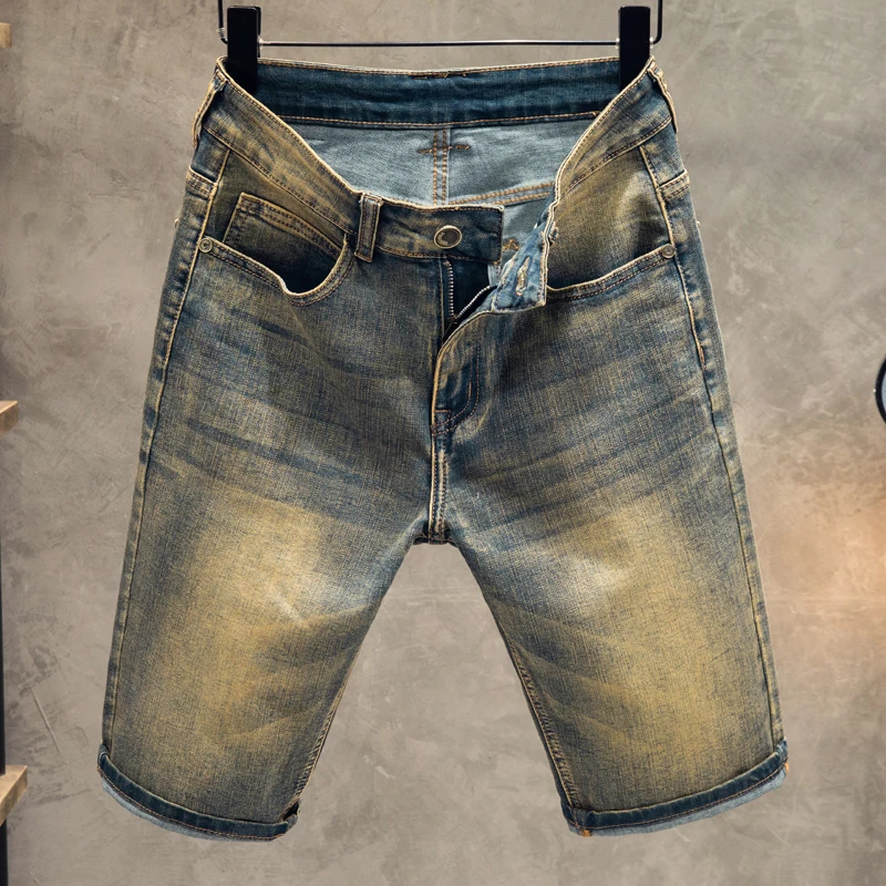American Vintage Summer Thin Men's Slim Denim Shorts Faded Five-point Denim Trendy Fashion Versatile Boyfriend Style Jeans