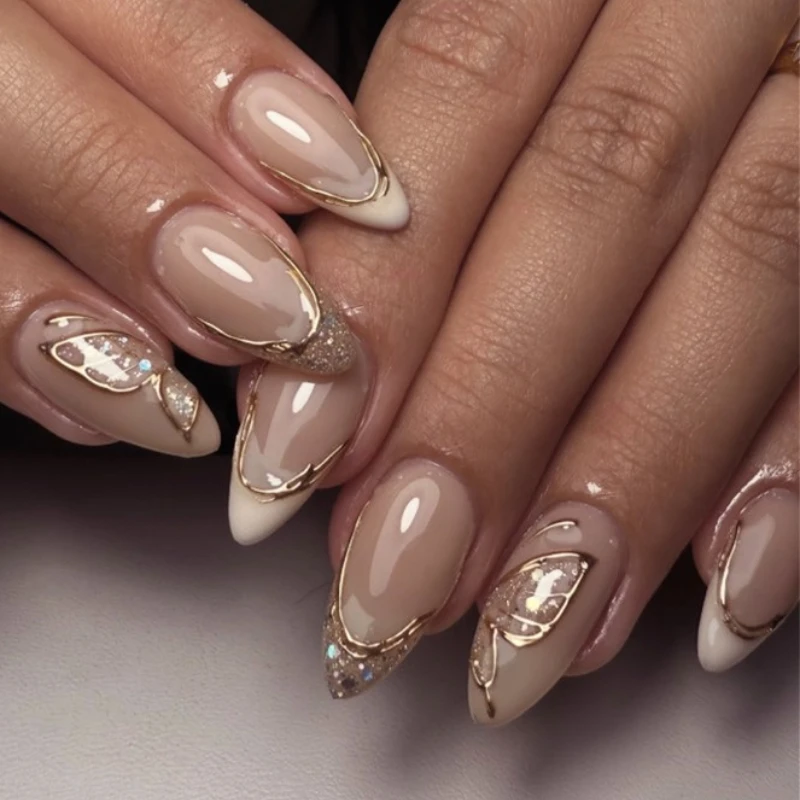 

Glitter Sequins Butterfly Gold Edge White French Nail Art Fashion Shiny False Nail Detachable Finished Fake Nails Press on Nails