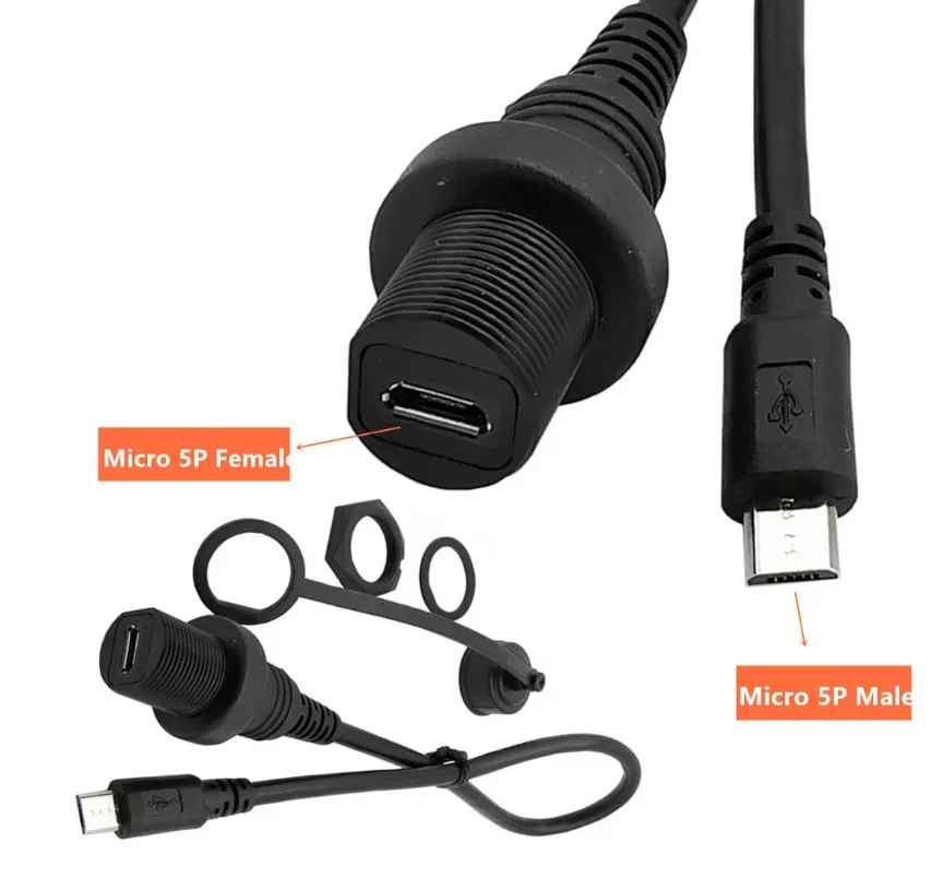 90 DegreeIP67 Micro USB Waterproof Cable Micro-USB 2.0 5pin IP67 Male To Female Panel Mount Water Proof Connector Extension Cord
