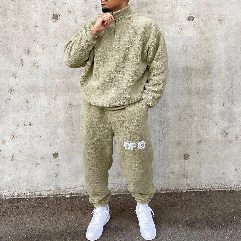 Fashion Mens Fleece Two Piece Set 2022 Winter Casual Solid Color Loose Outfits Men Stand Collar Zipper Wool Tops And Pants Suits