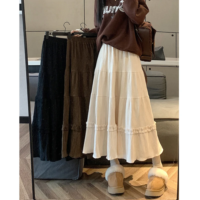 

2024 Women Autumn Winter Retro Solid Color Velvet A-line Skirt Female Elastic High Waist Long Ladies Loose Big Swing Skirts Q986