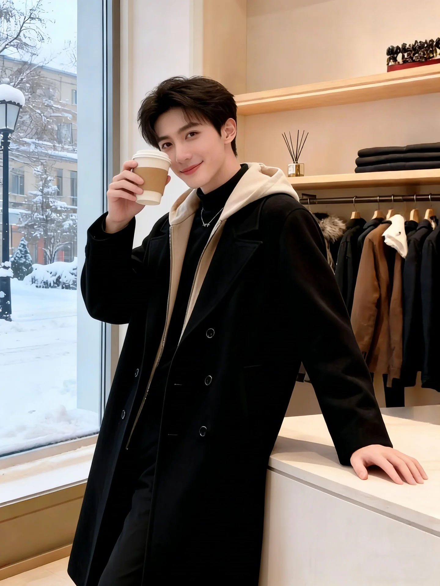 Black Mid-Length Hooded Woolen Men's Coat Casual Style British Style Windbreaker Outerwear Polyester Fiber Wear-Resistant